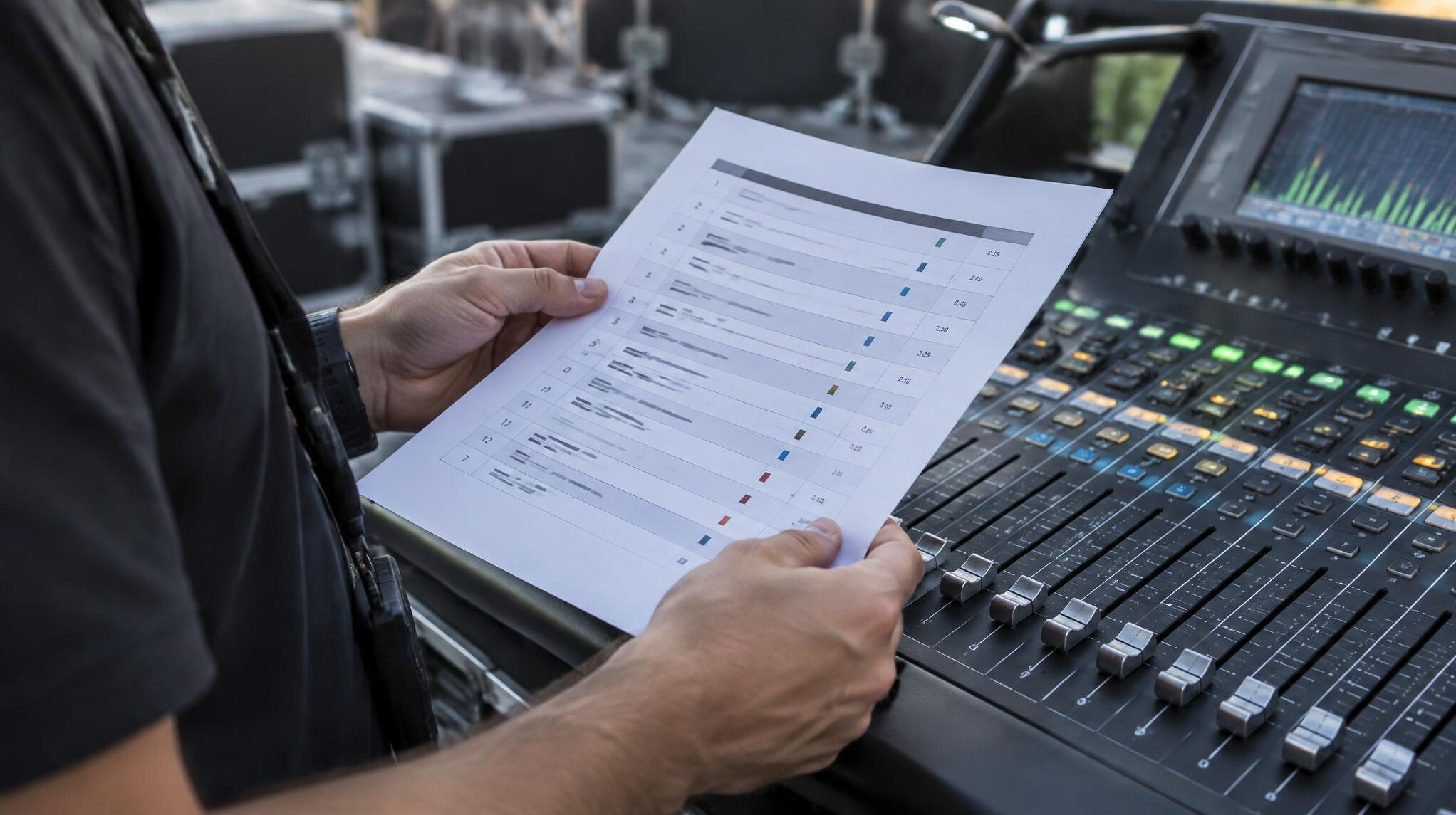 Sound engineer reviewing an audio cue sheet at a live console