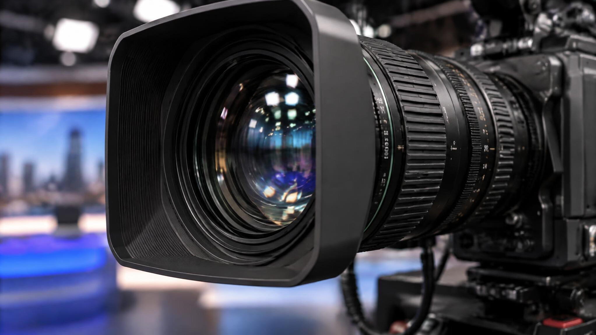 Close-up of a broadcast camera lens during a live recording