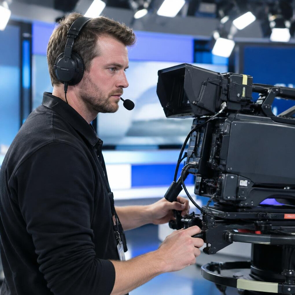 British camera operator adjusting a broadcast camera on set