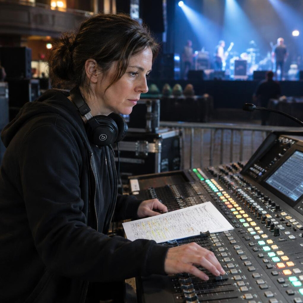 British audio engineer working at a live sound mixing console