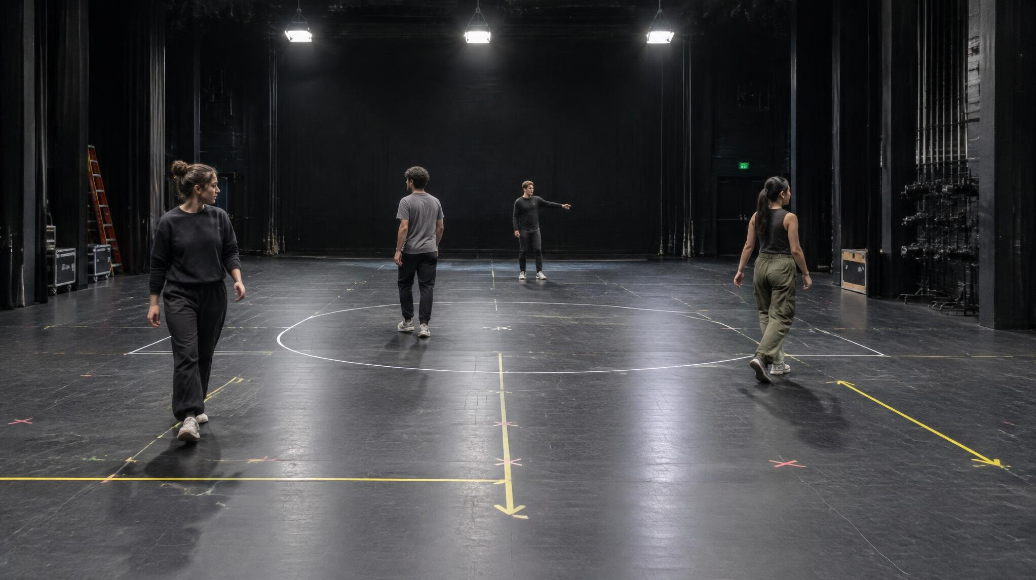 Performers rehearsing stage blocking under work lights