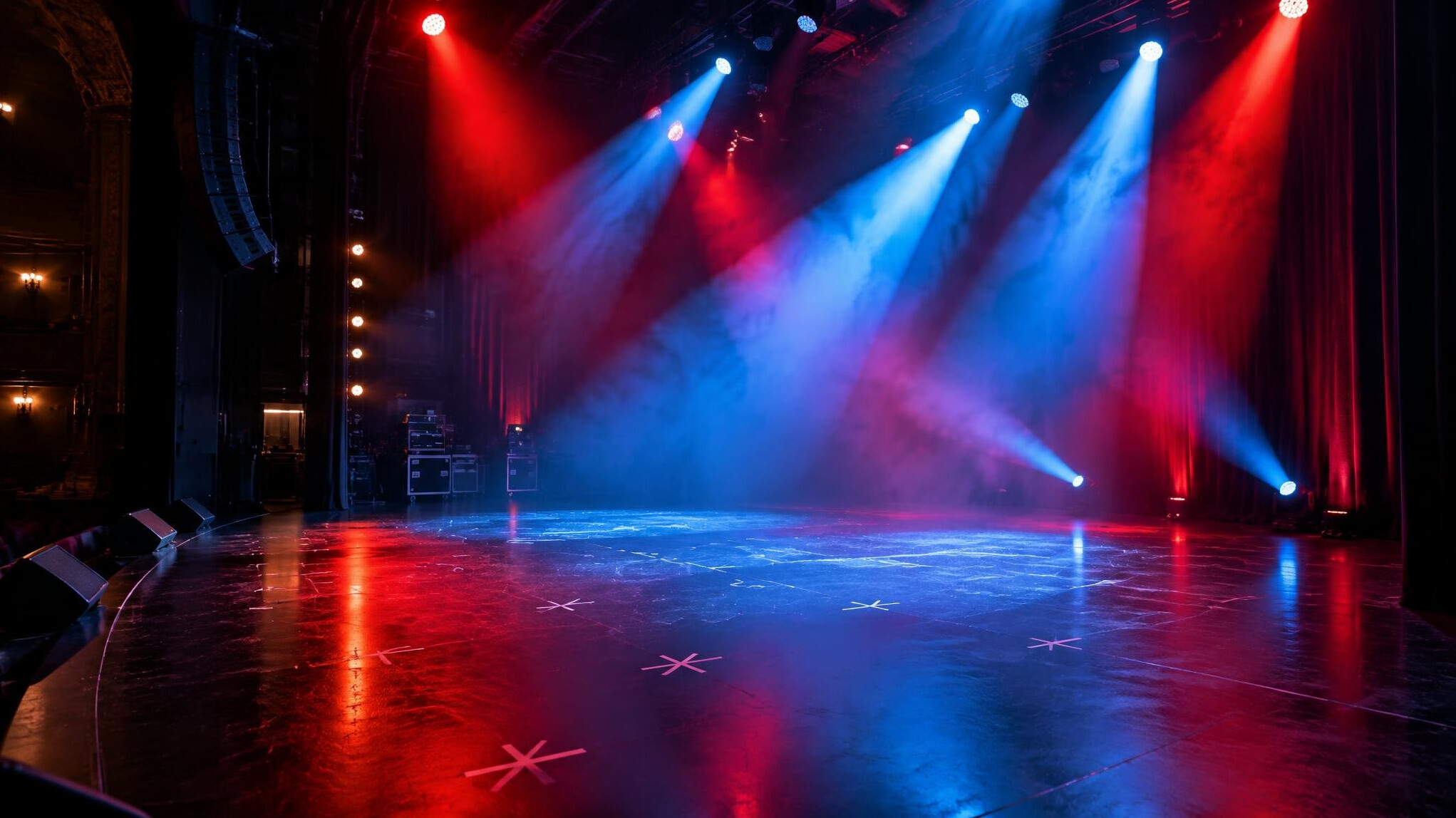 Wide shot of a live stage with dramatic coloured lighting