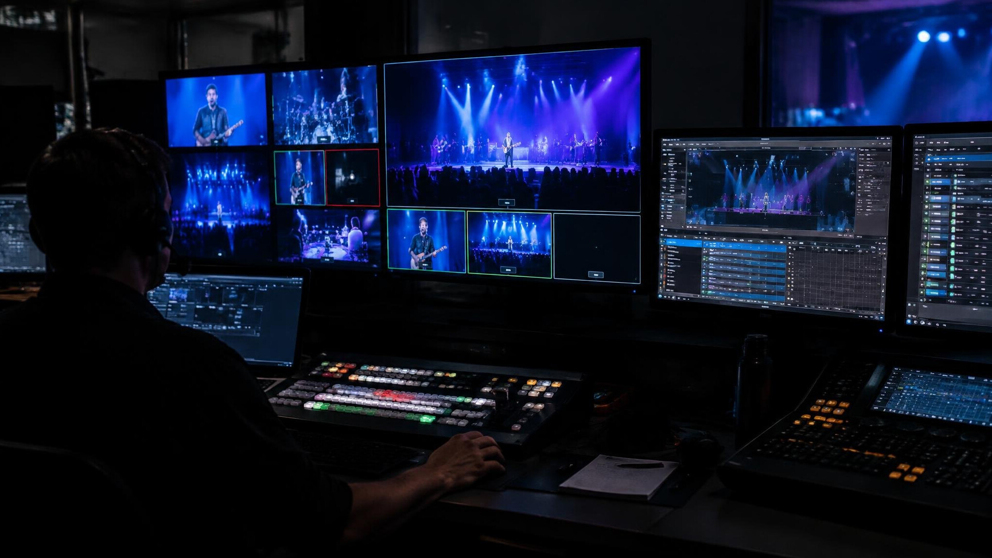 Lighting and audio control desk with multiple monitors in a dark control room