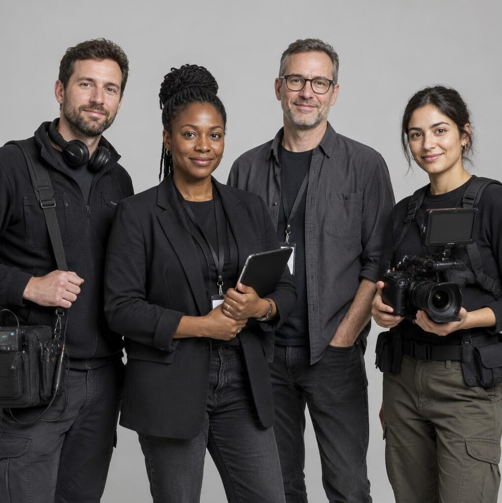 Group portrait of a diverse live production crew