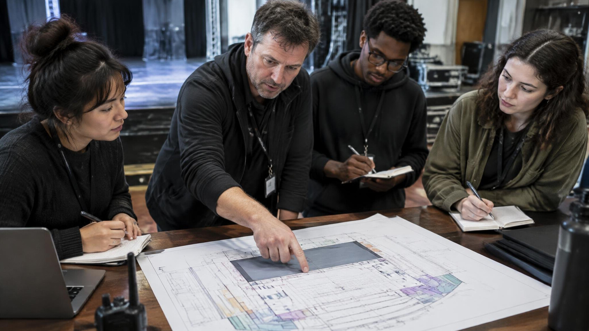 Director discussing a show plan with the production team