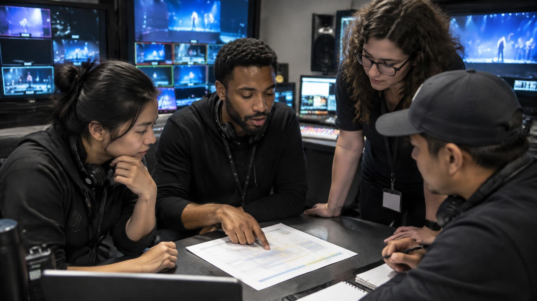 Production crew reviewing a show run sheet in a control room